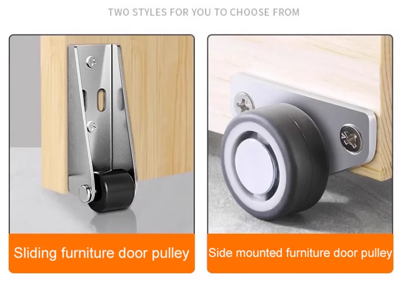 Two styles of furniture door pulleys shown: a sliding pulley and a side mounted pulley.