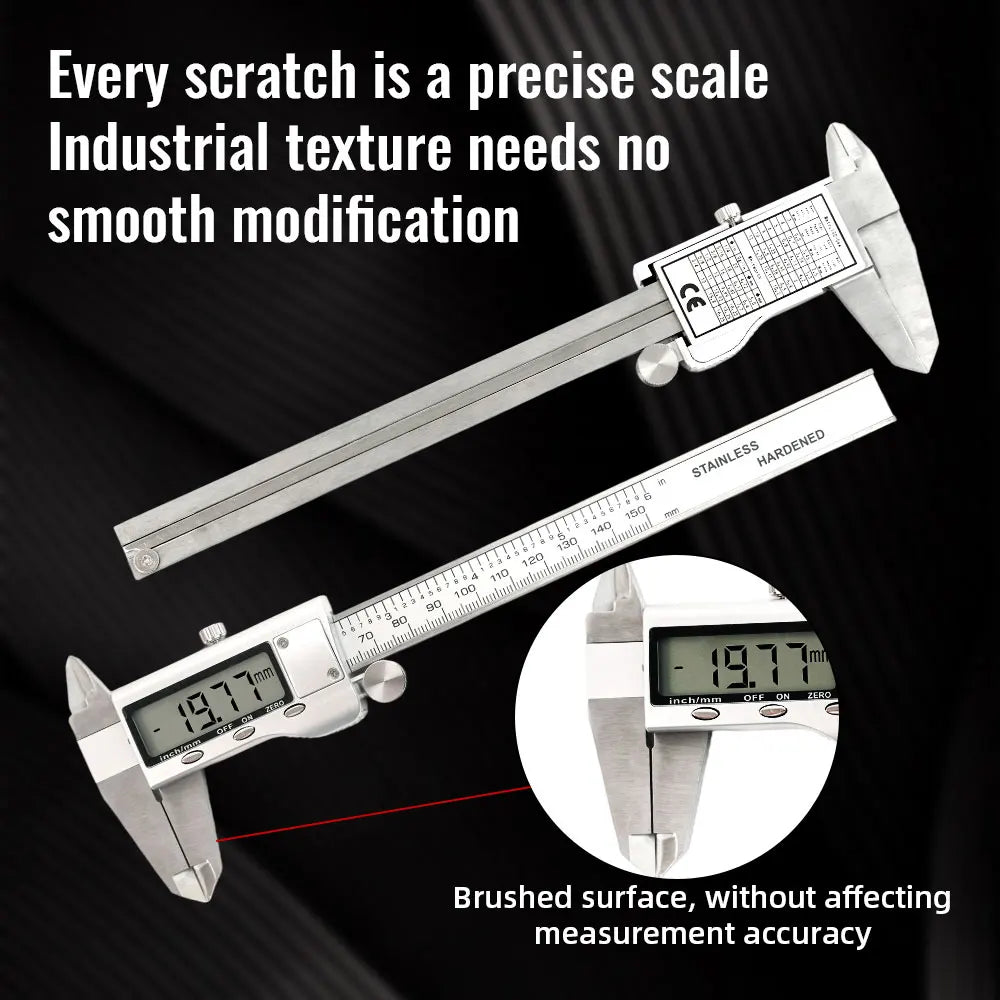 A digital vernier caliper is shown measuring a surface, emphasizing that the brushed surface does not affect measurement accu