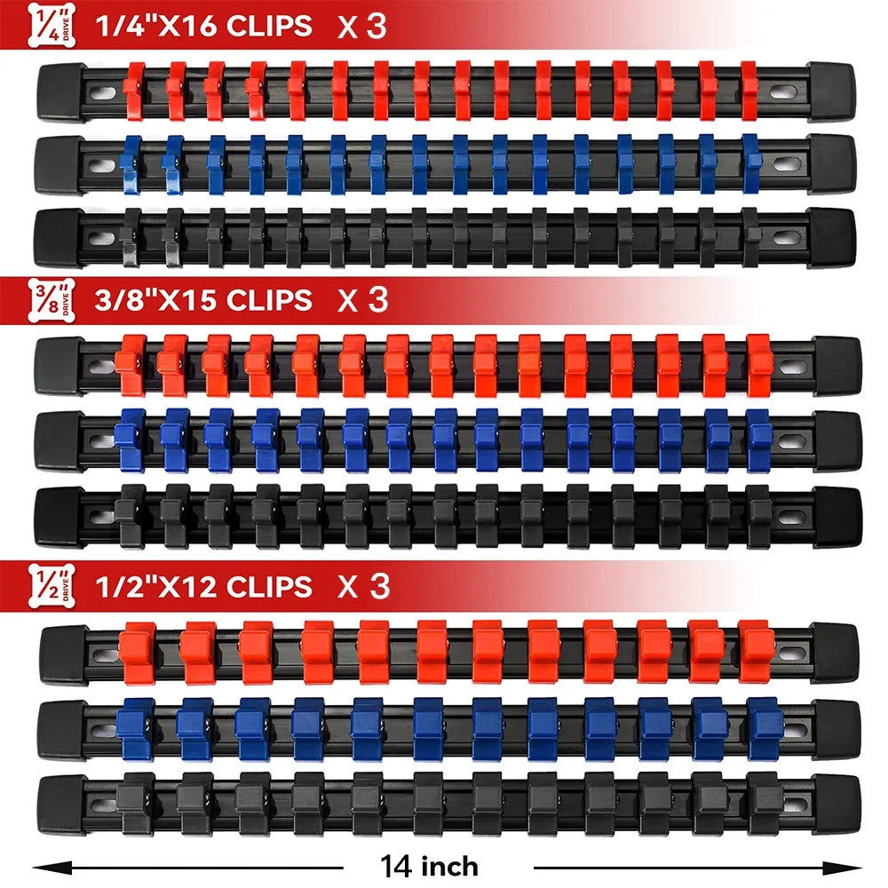 Three sets of precision socket organizers with various clip sizes and colors for tool boxes