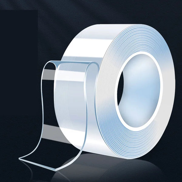 Roll of clear double-sided nano adhesive tape with a dispenser attached