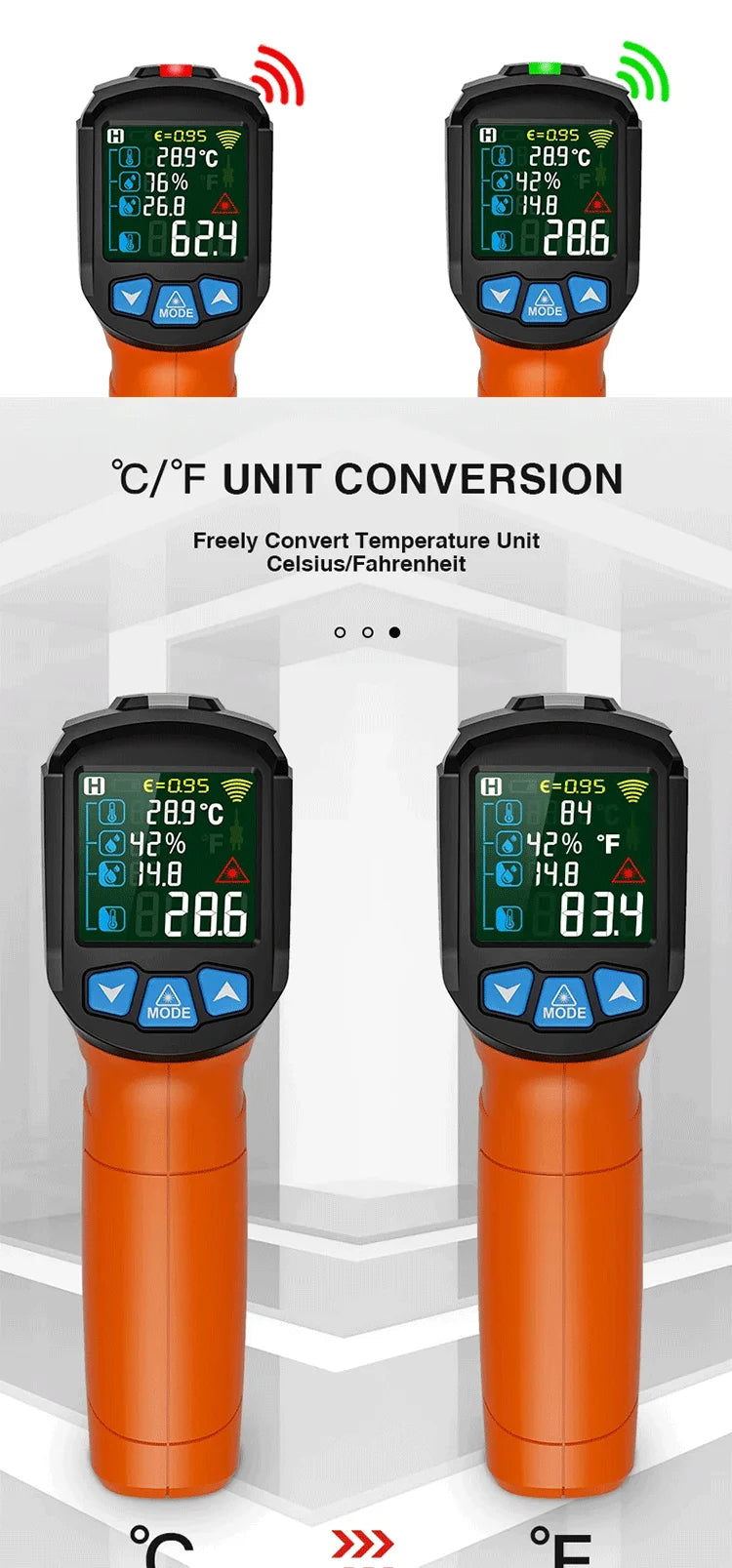 Thermomètre infrarouge numérique affichant les conversions de température en Celsius et Fahrenheit.