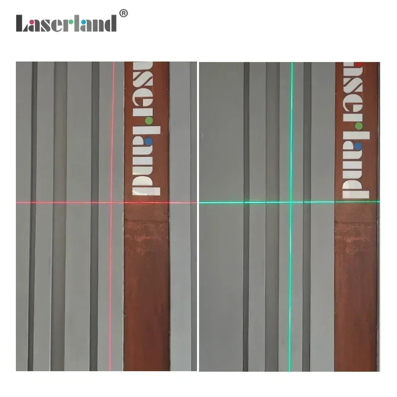A close-up view of a laser module with vertical lines and a title, showing pink and cyan alignment marks.