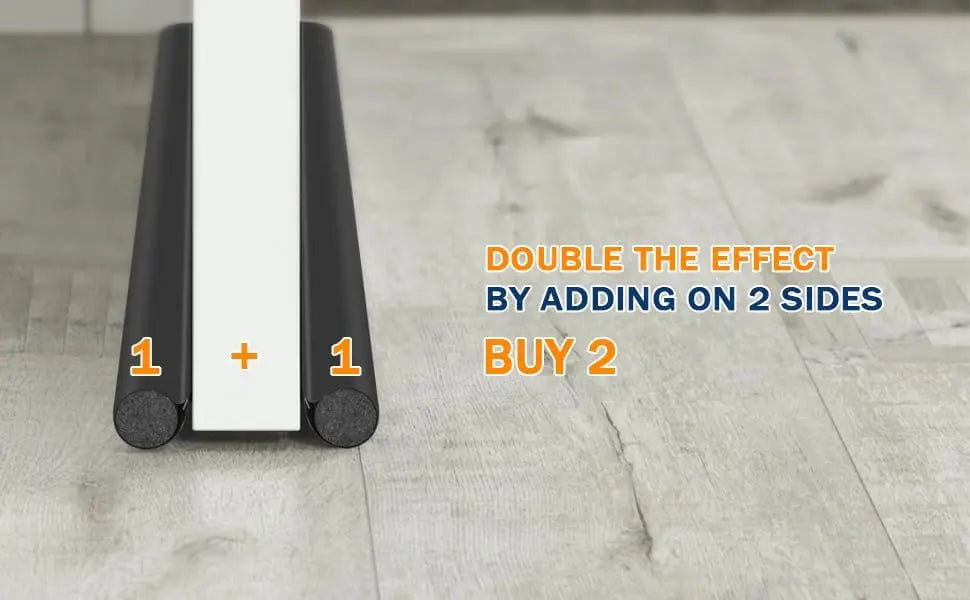 Two black door draft stoppers are shown with text instructing to double the effect by adding on two sides.