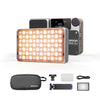 A compact light kit featuring a main panel and an accessory battery, shown next to a camera.