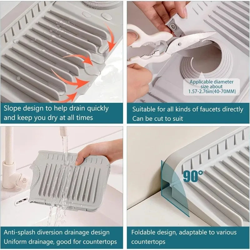 A silicone sink splash mat with a slope design and foldable features used for draining water.