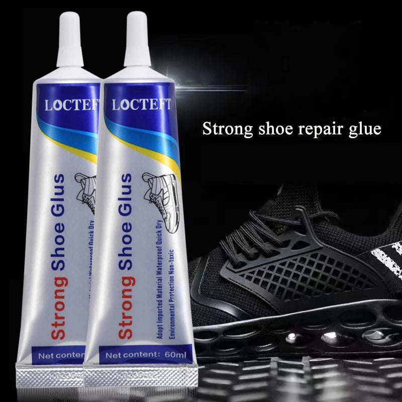 Deux bouteilles de colle pour chaussures LOCTEF à côté d'une chaussure de sport noire.