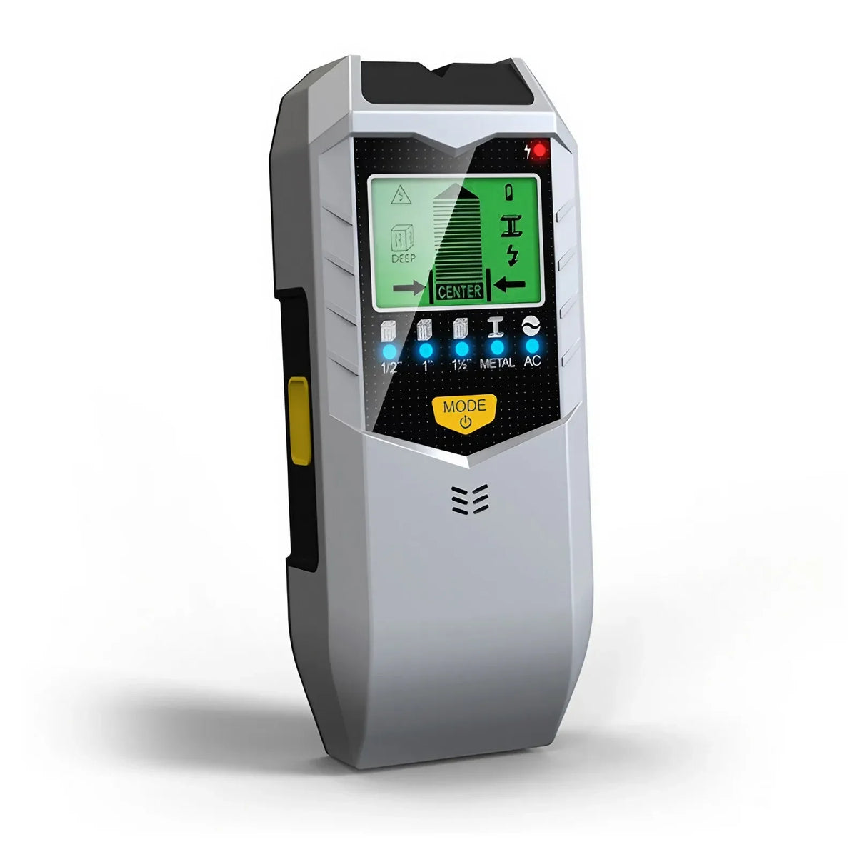 A gray wall metal detection tool with a digital display and various mode settings.