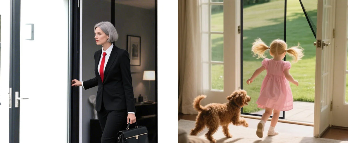 A woman in a black suit and red tie stands in a doorway, looking out at a young girl playing outside.