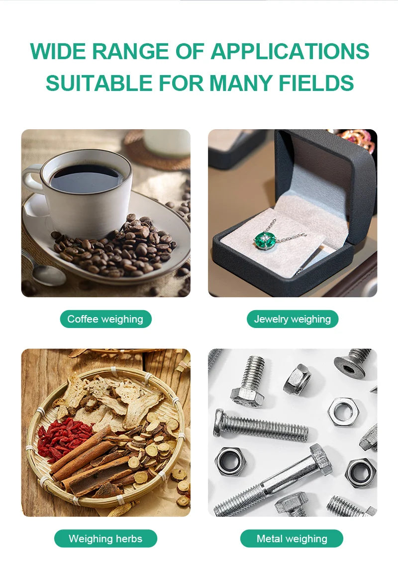 Eine Sammlung verschiedener Waagen für Kaffee, Schmuck, Kräuter und Metallwerkzeuge.