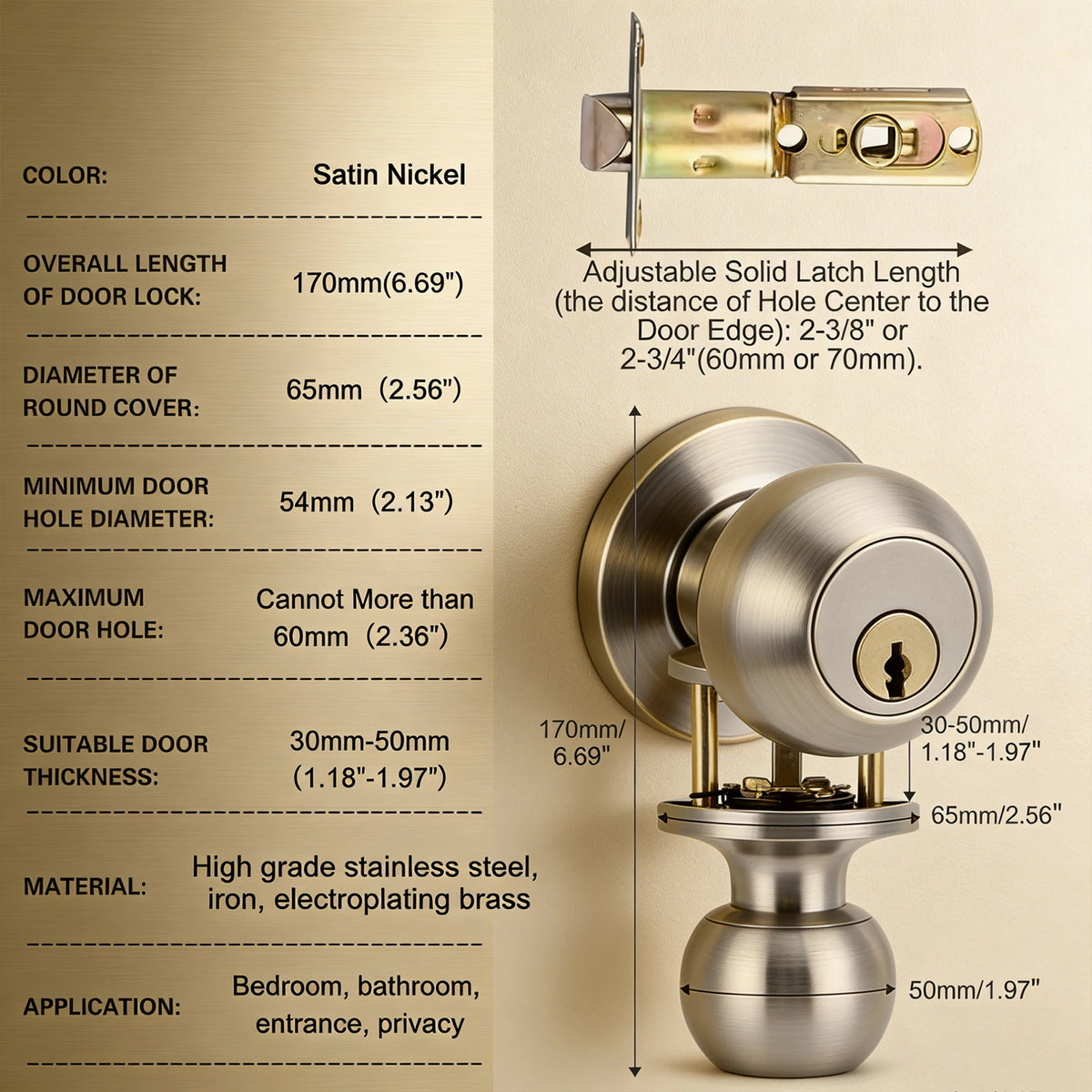 A close-up view of a satin nickel stainless steel keyed entry door knob with an adjustable solid latch length.