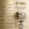 A close-up view of a satin nickel stainless steel keyed entry door knob with an adjustable solid latch length.