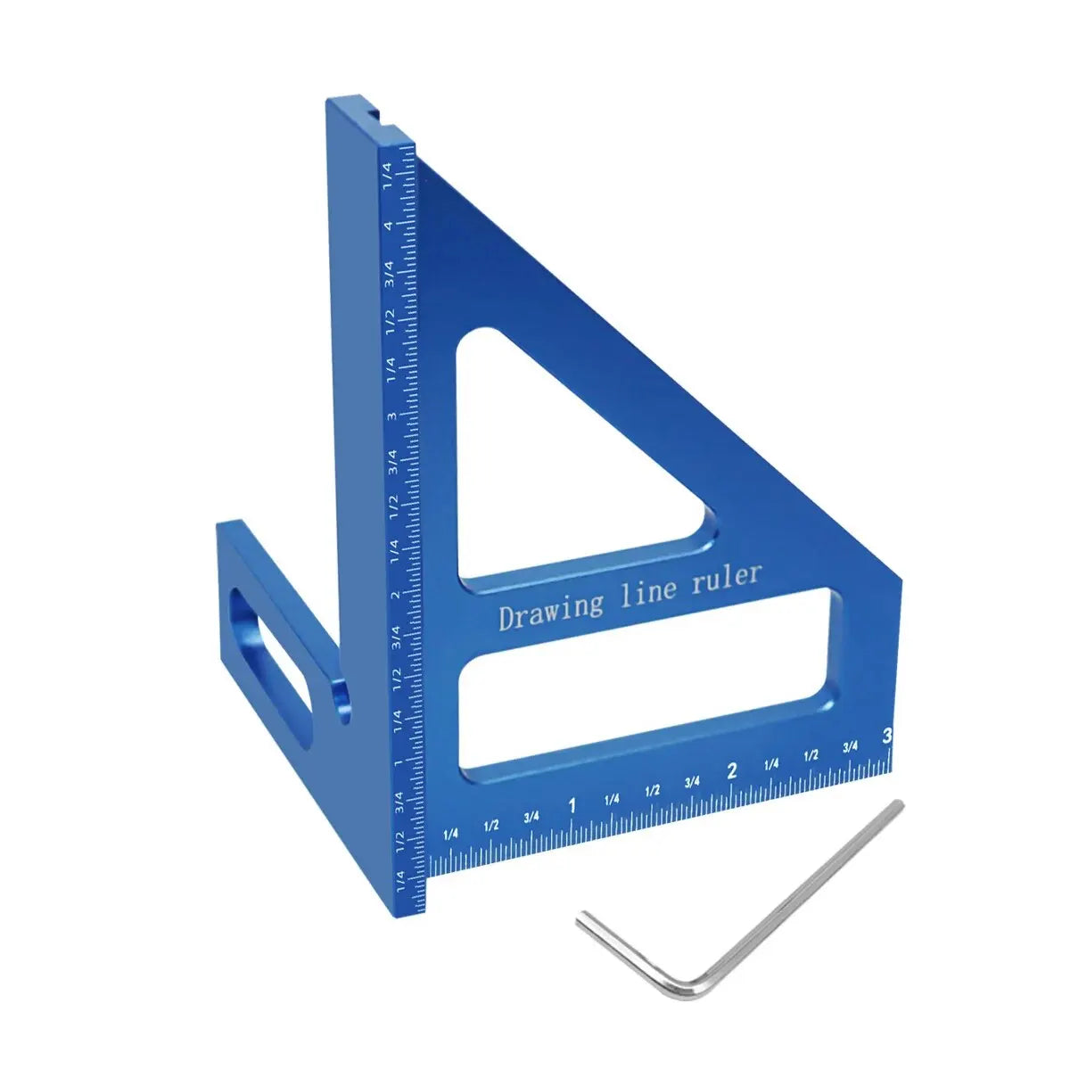 A blue precision woodworking square and protractor ruler with a triangular design and a metal ruler tool.