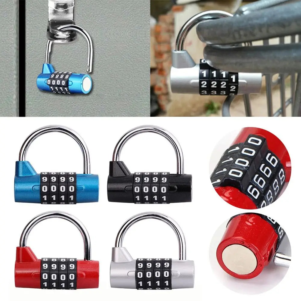 Various heavy duty combination padlocks in blue, black, and silver metal with numbered dials