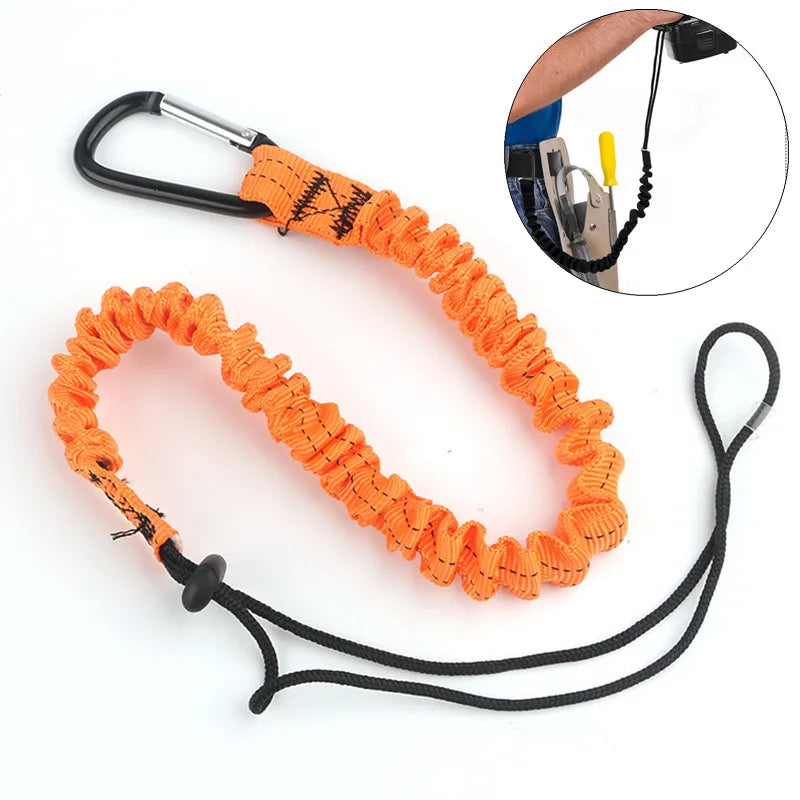 Orange elastic tow rope for mountain biking shown with a close-up of the product and its use.