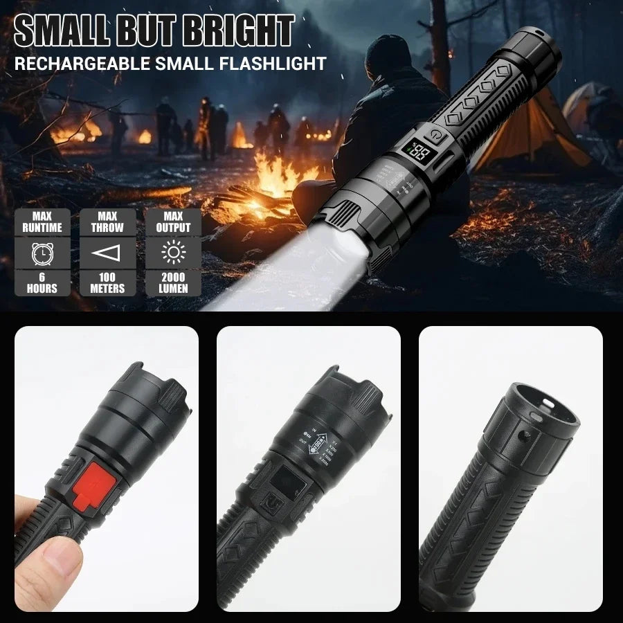 Linterna táctica LED negra mostrada desde varios ángulos, destacando sus características y diseño.