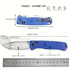 A blue folding EDC pocket knife with a reinforced nylon fiber handle shown next to a ruler.