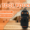 An orange and black tool pouch with four pockets is displayed on a wooden surface surrounded by various tools and papers.