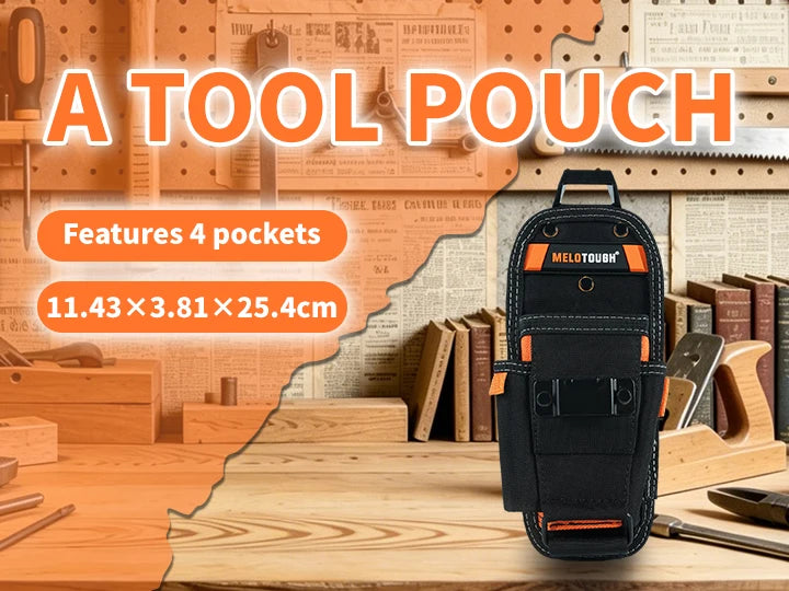 An orange and black tool pouch with four pockets is displayed on a wooden surface surrounded by various tools and papers.