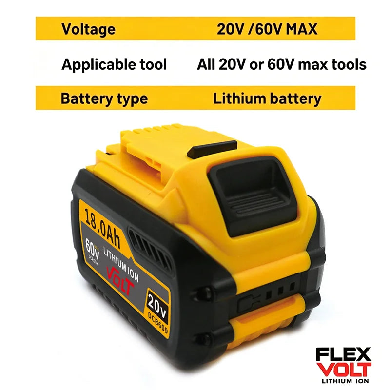 A yellow lithium-ion battery pack labeled 18.0Ah 60V with a black casing and branding.