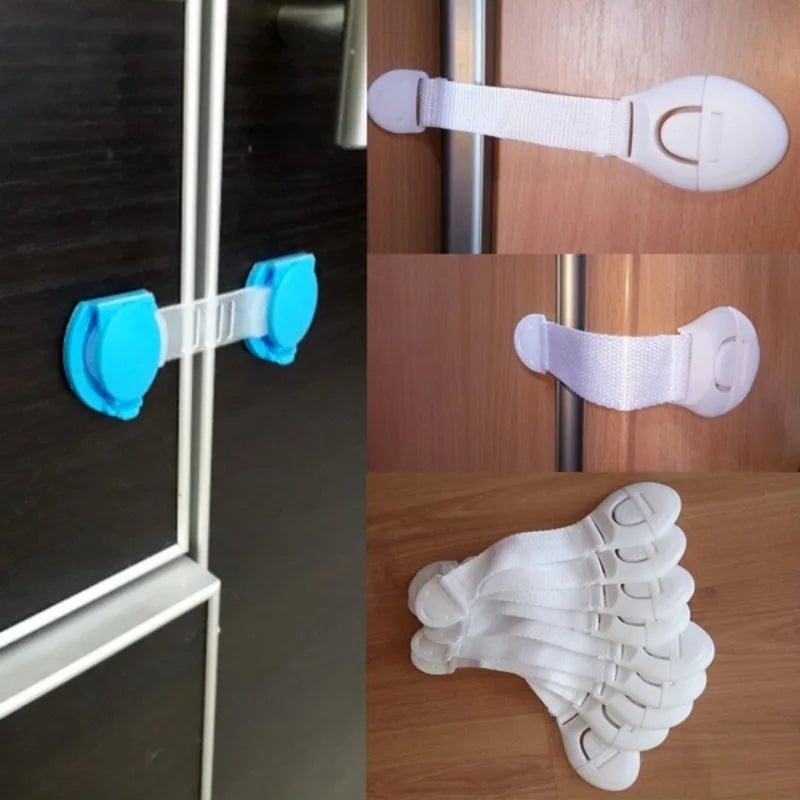 A set of six silicone safety clips for doors and drawers, including white and blue colored clips.