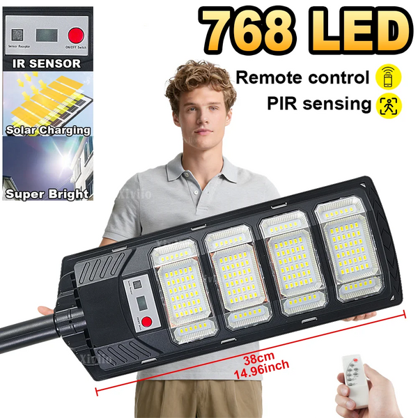 A handheld outdoor solar motion sensor LED light panel with 768 LEDs and a remote control is shown.