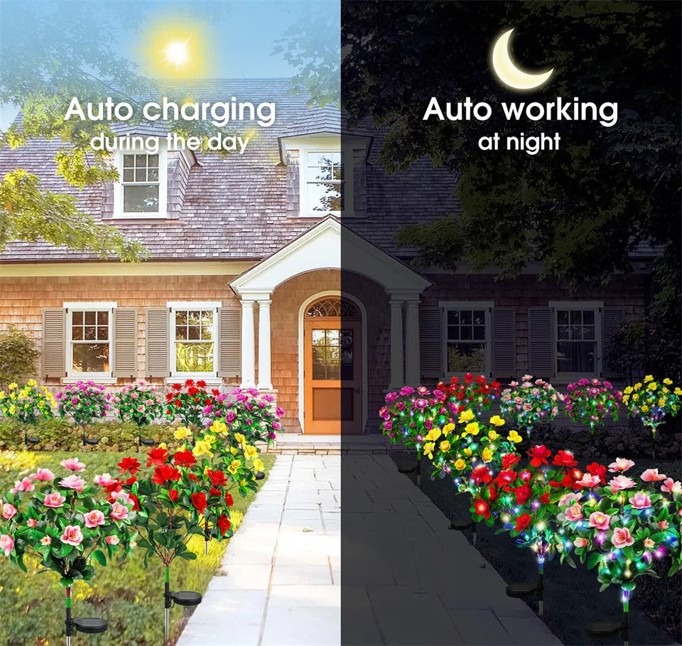 Solar LED azalea flowers in various colors blooming in an outdoor garden display
