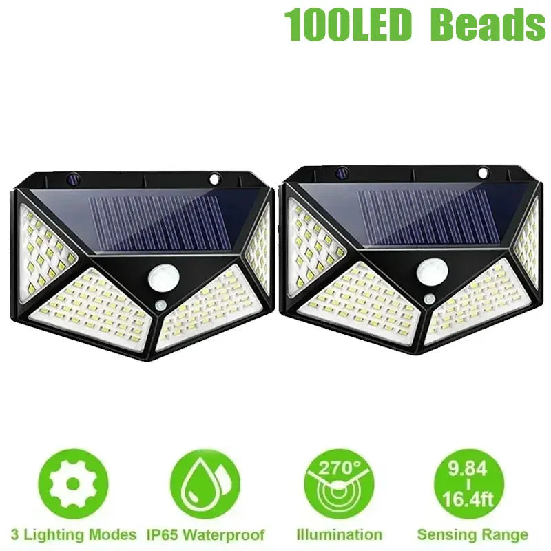 Pair of 100LED solar motion sensor security light beads with specifications listed below