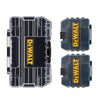 Estuche de herramientas de plástico negro con marca DEWALT amarilla, mostrado en varias vistas.