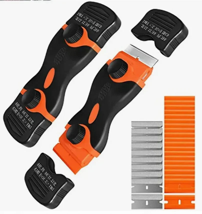 A black and orange dual-purpose razor scraper tool with various blades and scrapers for glass and adhesive removal.