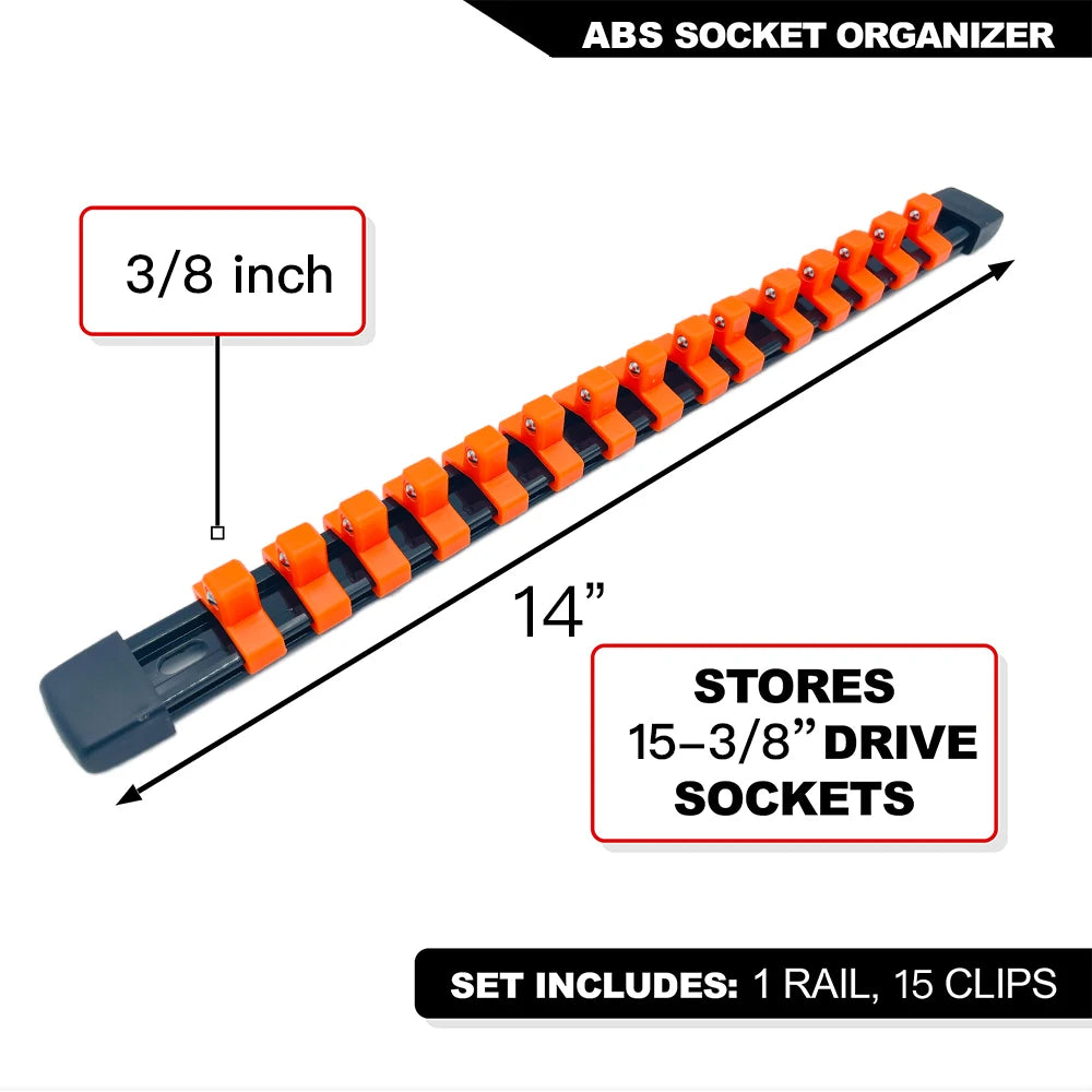 ABS socket organizer rail with 15 clips for storing 15-3/8 inch drive sockets