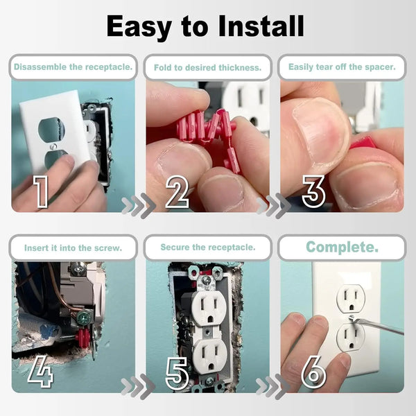Six steps showing how to easily install a red electrical outlet spacer into a wall socket.