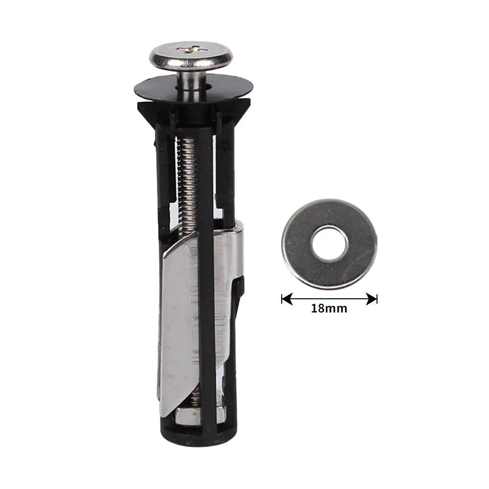 Stainless steel toilet seat hinge bolts with a round washer and 18mm dimension marker.