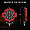Dimensions of a red LED off-road driving light, showing its size and mounting details.