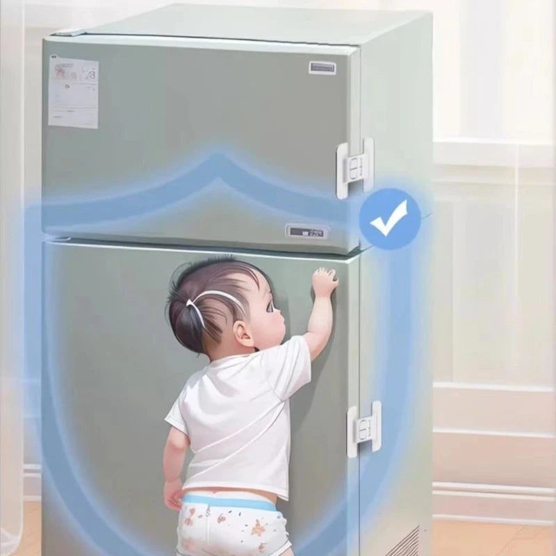 A baby is shown interacting with a refrigerator door featuring safety locks and a checkmark indicating security.