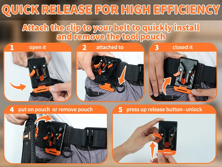 Instructions show how to attach and remove a small tool pouch using a quick release belt clip.