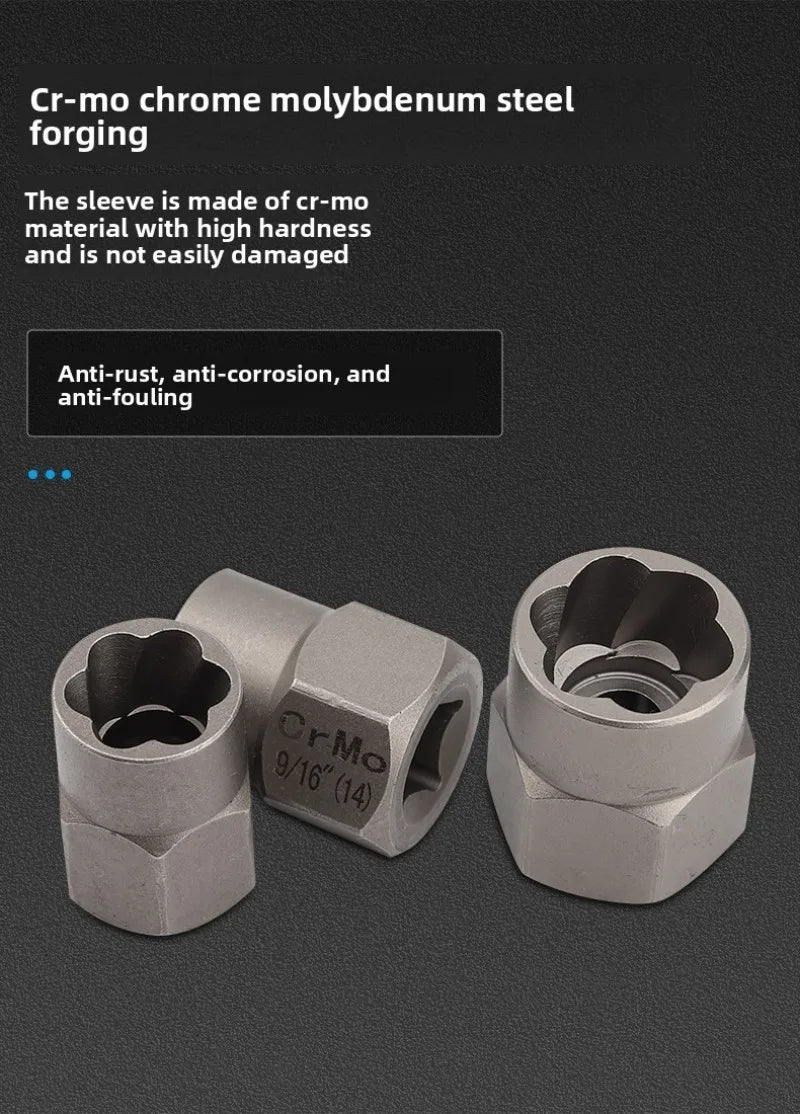 A close-up view of a Cr-Mo chrome molybdenum steel forging bolt and screw extractor kit.