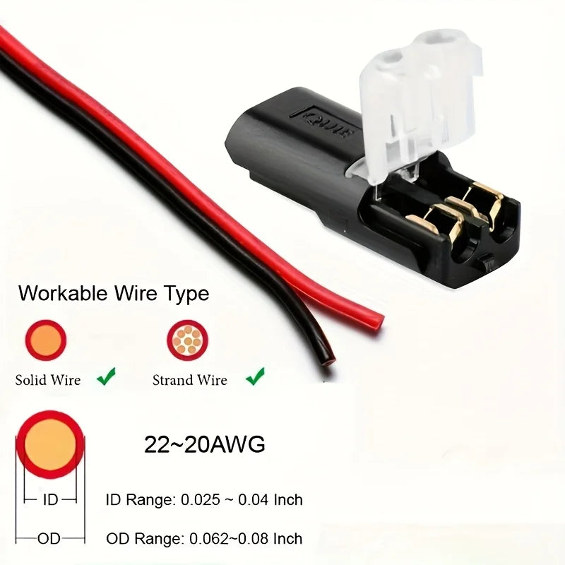 A black wire connector set with red wires and white plastic insulation, showing solid and strand wire types.