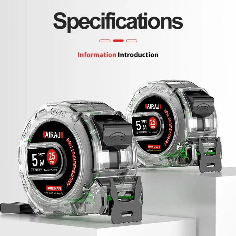 A transparent fluorescent tape measure with a black casing and mounting brackets is shown on a white surface.