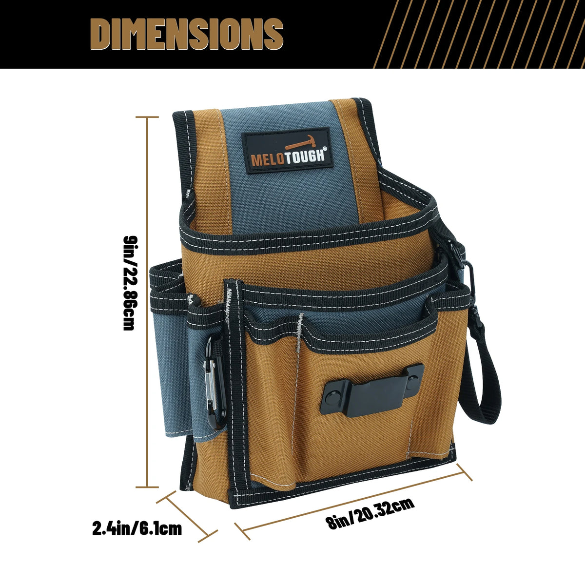 A brown tool organizer pouch with multiple pockets and a black strap, shown in a flat lay view.