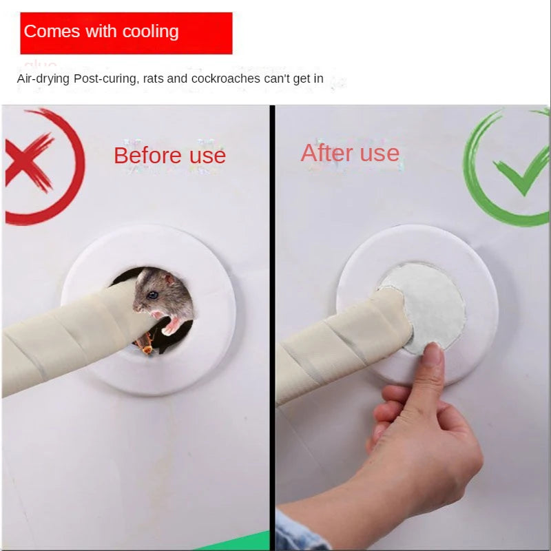 Before and after images showing the use of a two-piece sealing putty for household patching