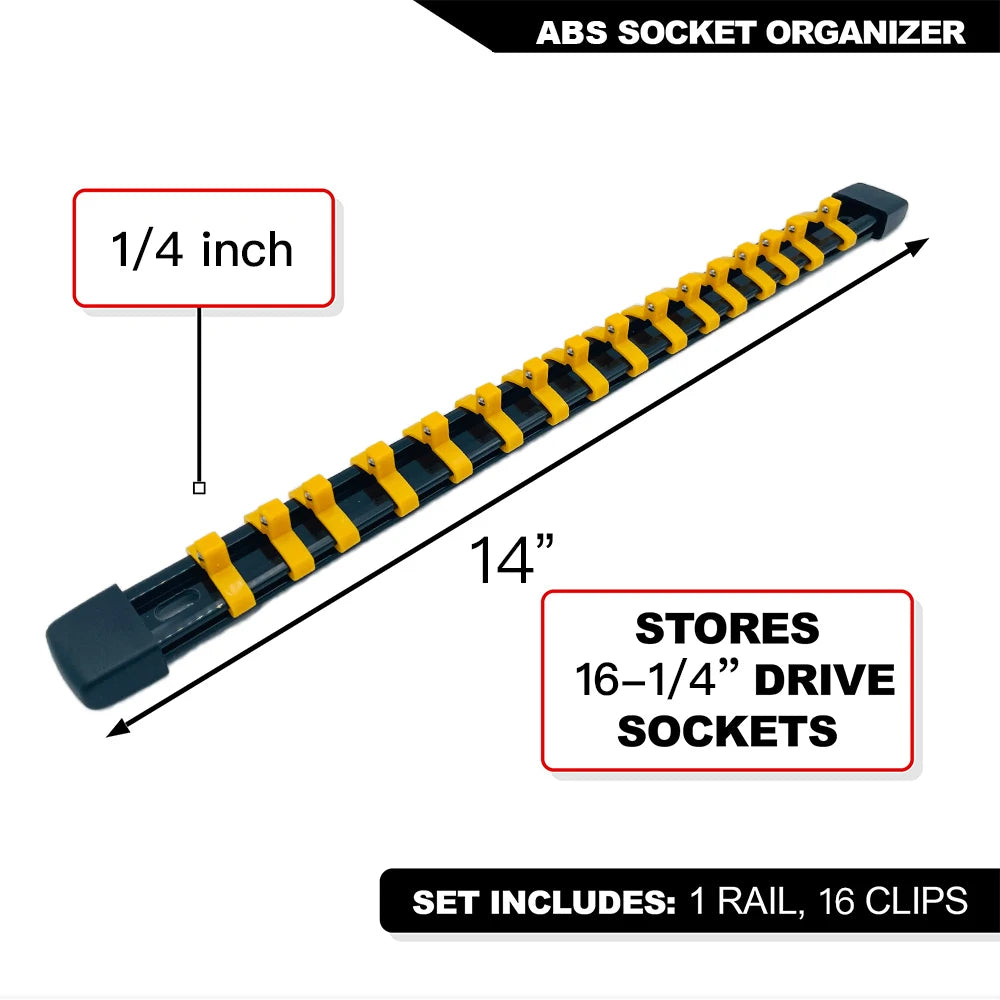 ABS socket organizer rail with 1/4 inch size and 16 clips for storing drive sockets