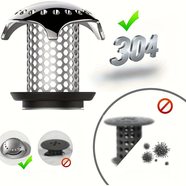 Stainless steel bathtub drain featuring a mesh hair catcher and a 304 grade certification mark.