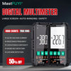 A pair of Mastfuyi digital multimeters with large screens and various function icons displayed on a dark background.