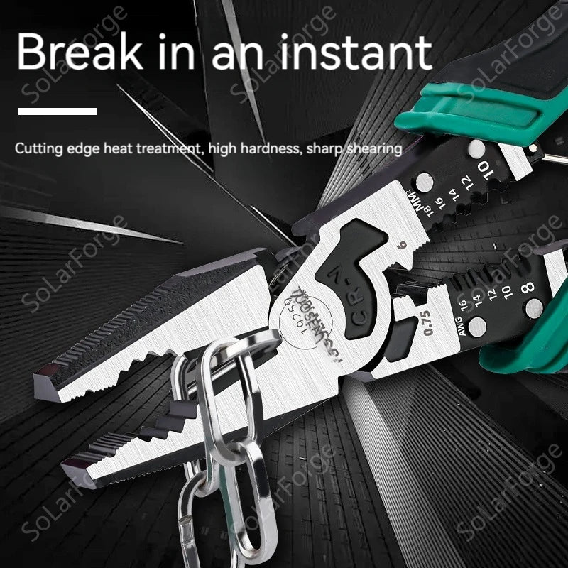 A close-up of a silver diagonal pliers set with green handles and cutting edges on a dark background.