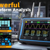 A digital oscilloscope and multimeter device is shown with various measurement screens and probes on a dark surface.