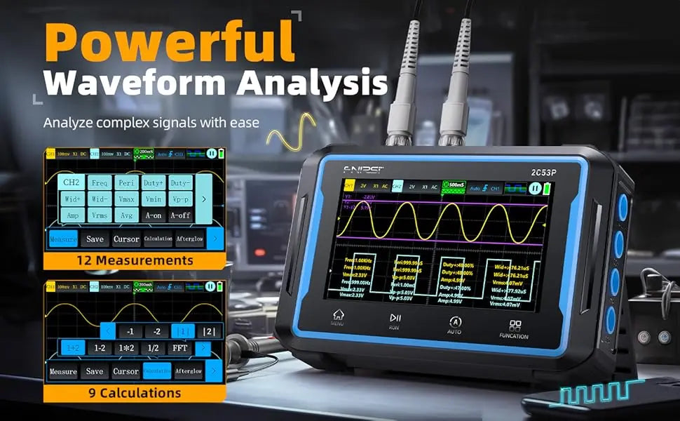 A digital oscilloscope and multimeter device is shown with various measurement screens and probes on a dark surface.