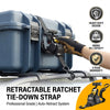 A heavy duty blue cargo box with a retractable ratchet tie-down strap being shown on a rack.