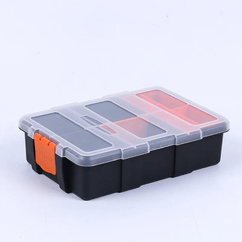A black plastic hardware organizer box with clear and orange compartments.