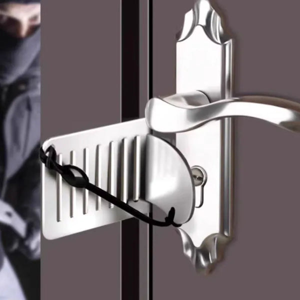 A silver portable door lock with a curved handle is shown against a dark background.