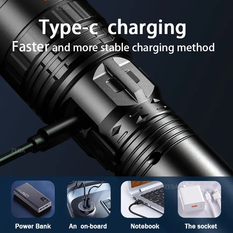 Close-up view of a tactical LED flashlight showing Type-c charging capability and various accessories.